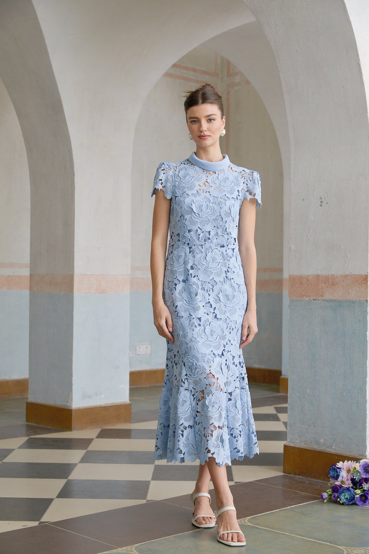 Avellia Aurore Blue Blossom Lace Midi Dress