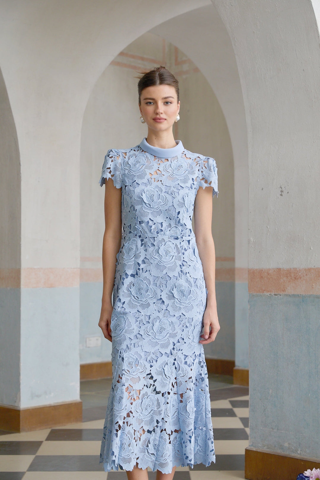 Avellia Aurore Blue Blossom Lace Midi Dress