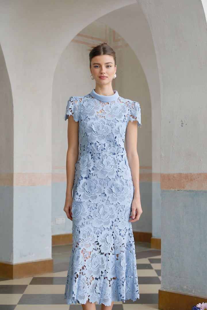 Avellia Aurore Blue Blossom Lace Midi Dress