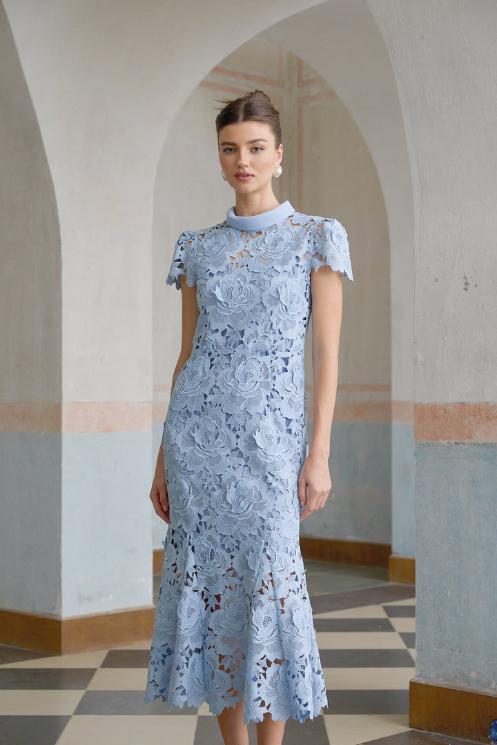 Avellia Aurore Blue Blossom Lace Midi Dress