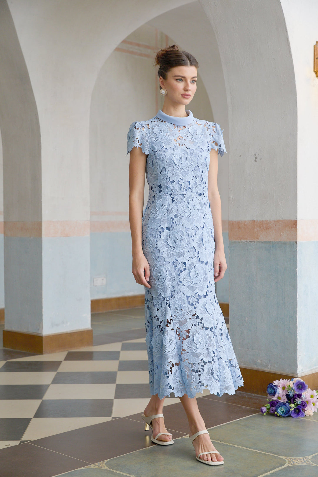 Avellia Aurore Blue Blossom Lace Midi Dress