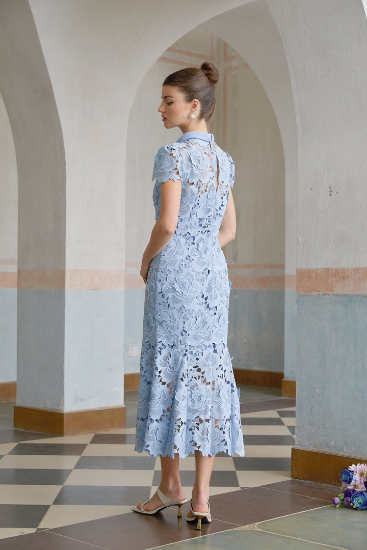 Avellia Aurore Blue Blossom Lace Midi Dress
