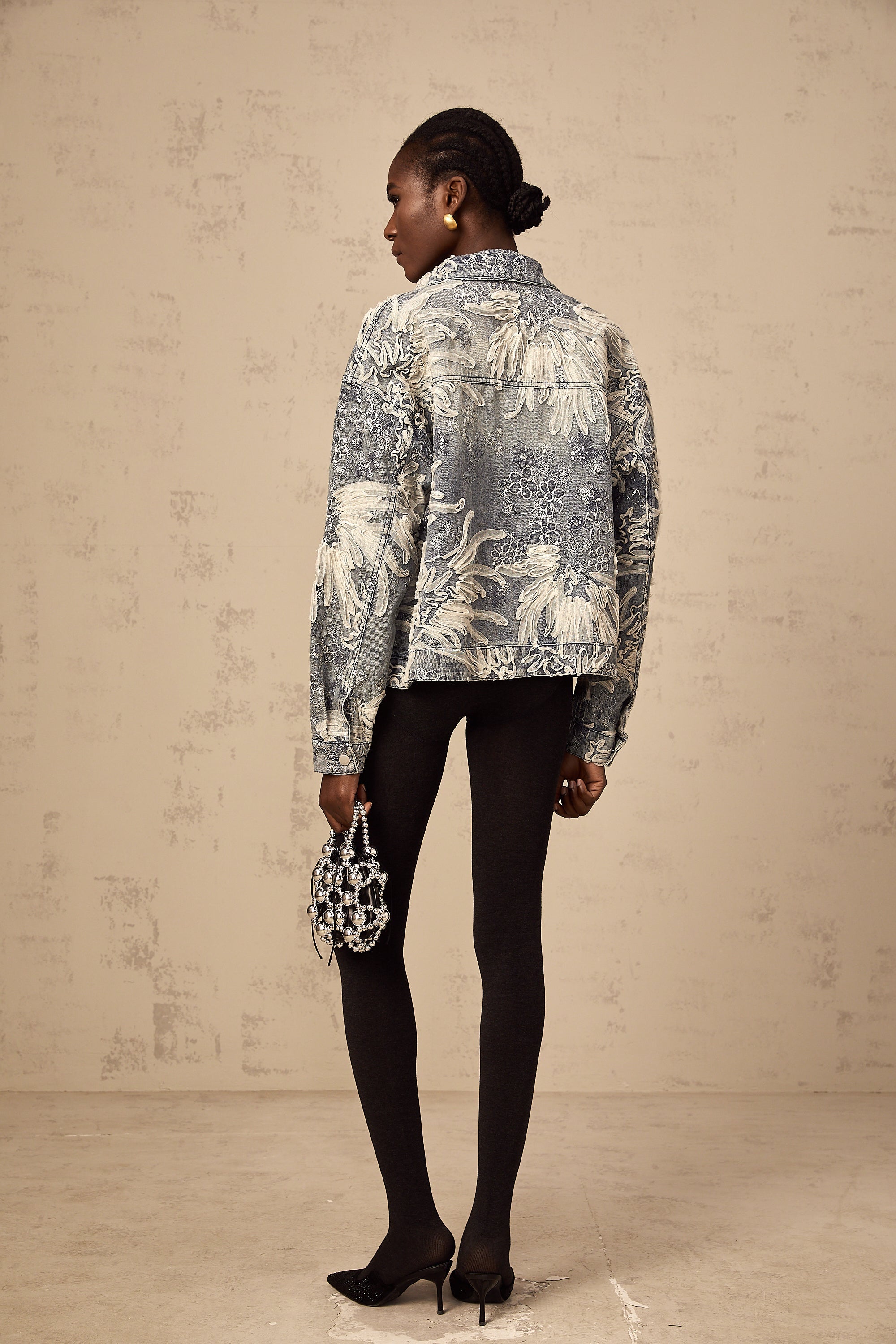 Mailys blue sequined flower-embroidered denim jacket
