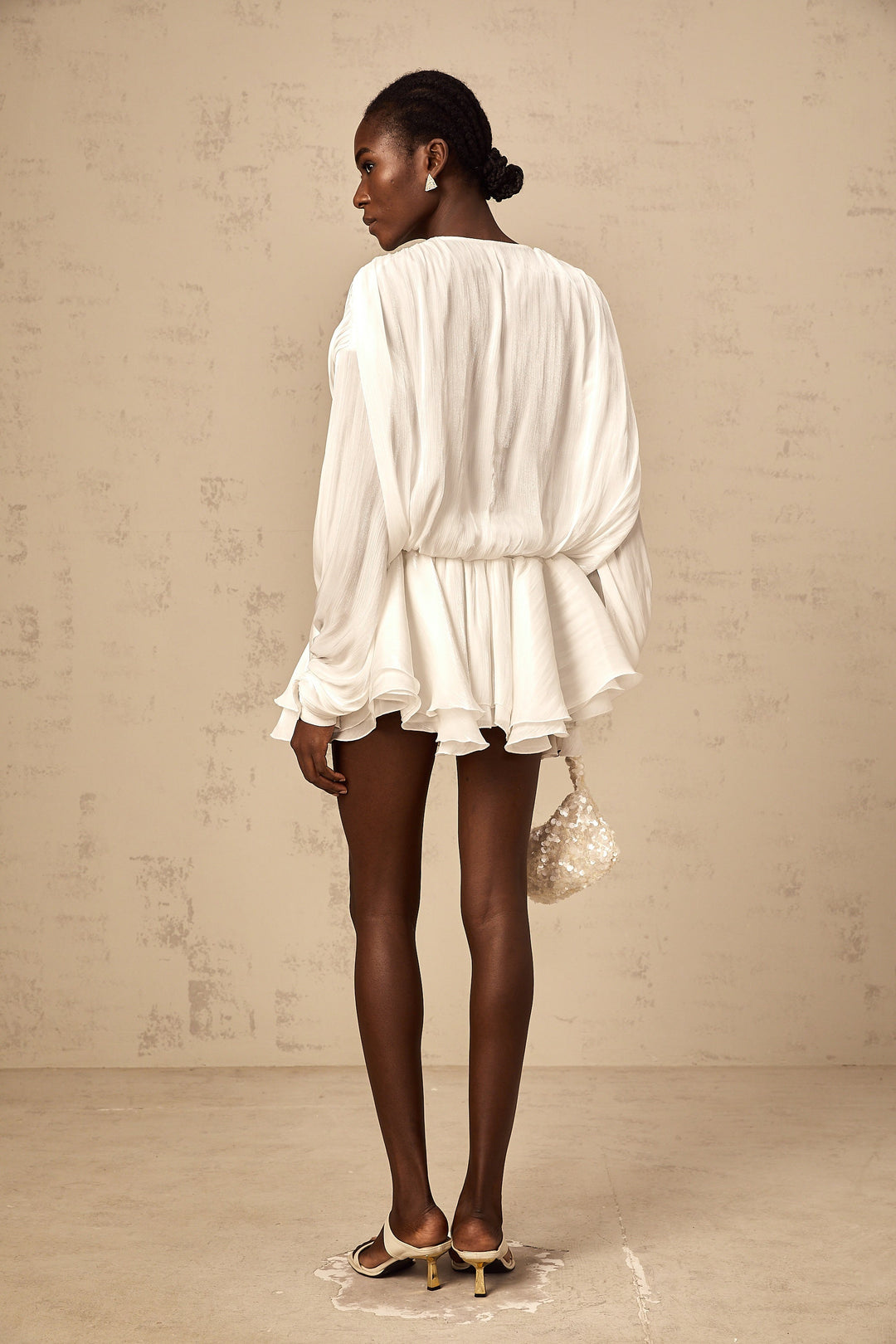 Avellia Mahault Ivory Glitter Pleated Mini Dress