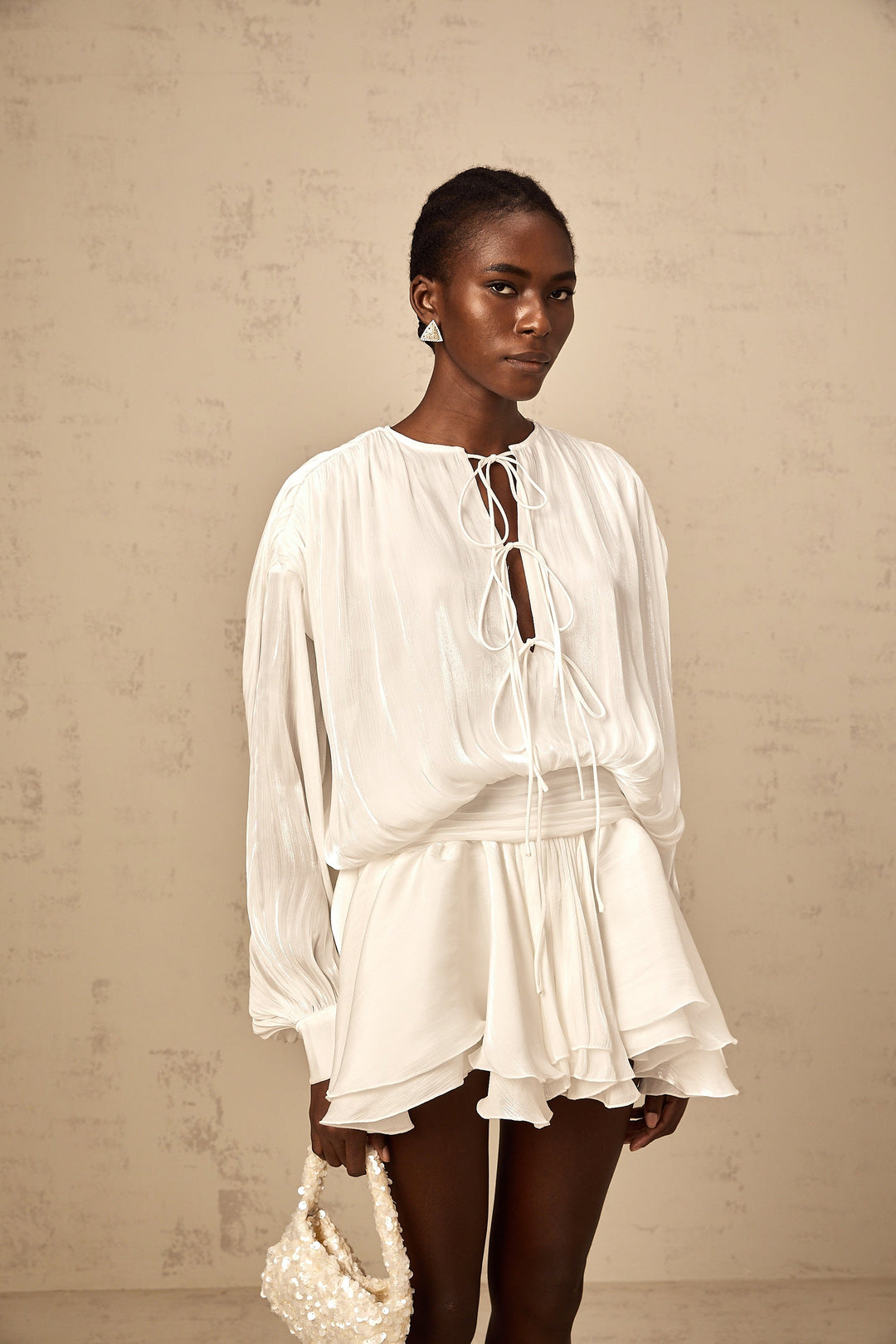 Avellia Mahault Ivory Glitter Pleated Mini Dress