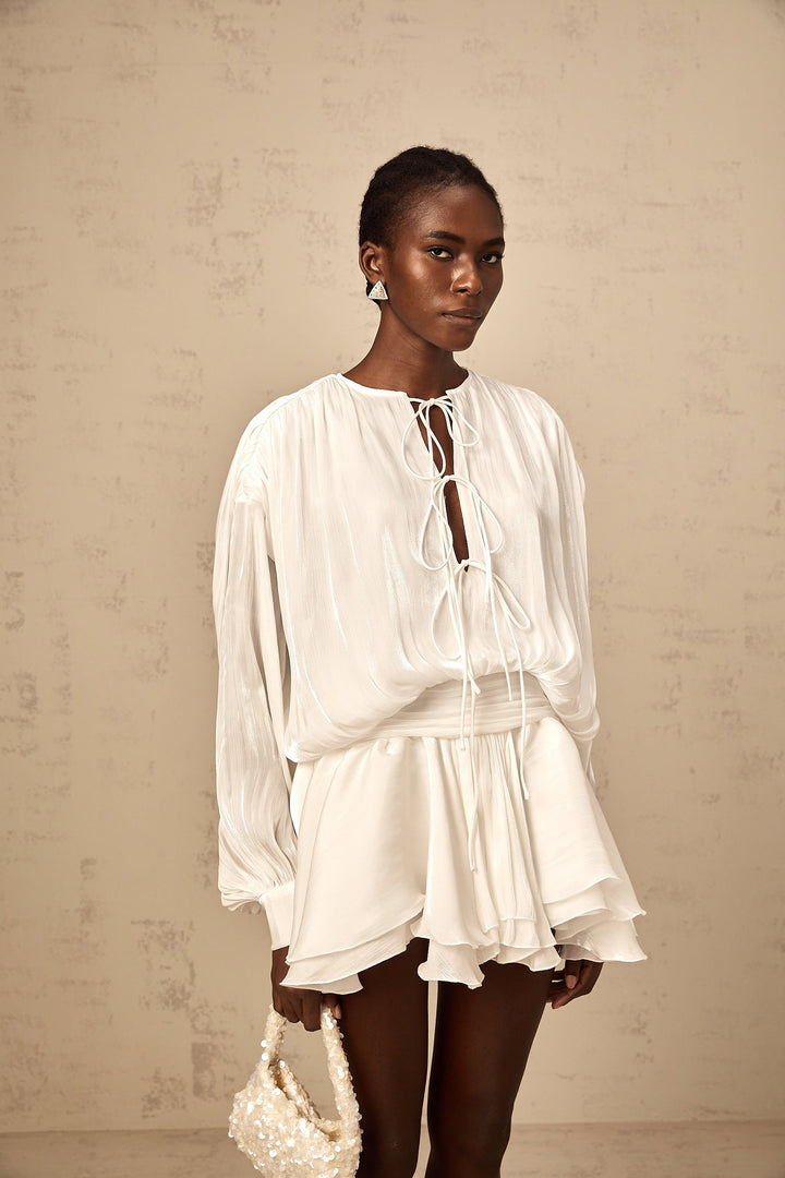 Avellia Mahault Ivory Glitter Pleated Mini Dress