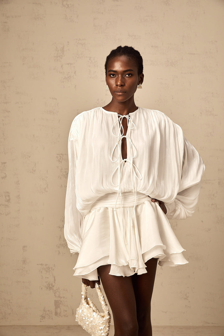 Avellia Mahault Ivory Glitter Pleated Mini Dress