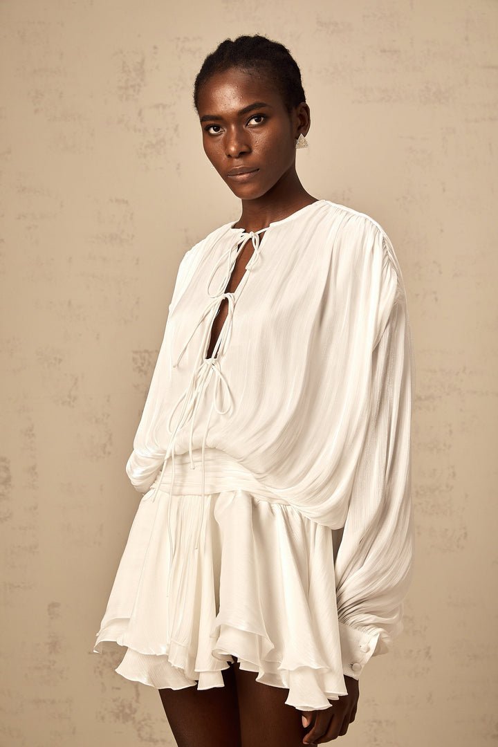 Avellia Mahault Ivory Glitter Pleated Mini Dress