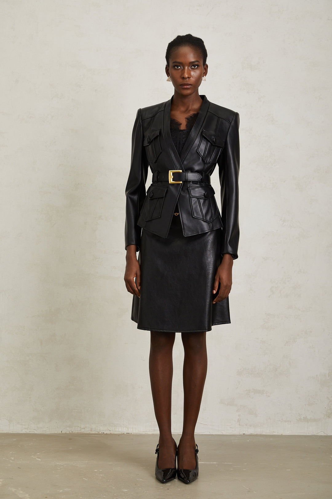 Isabel Black Belted Faux Leather Jacket