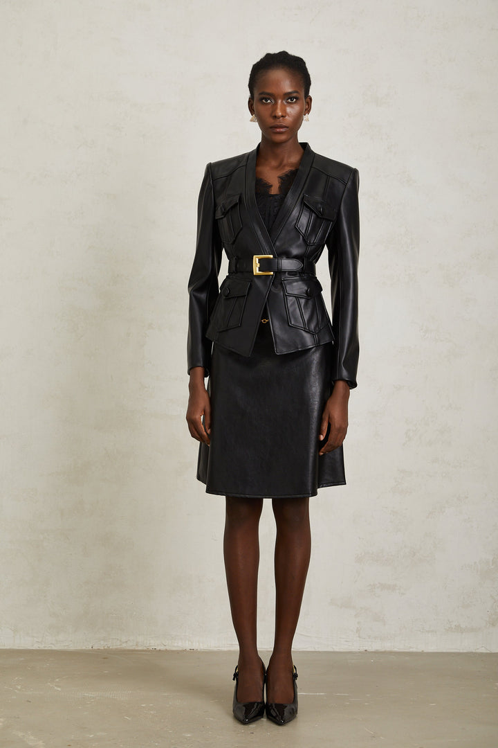 Isabel Black Belted Faux Leather Jacket