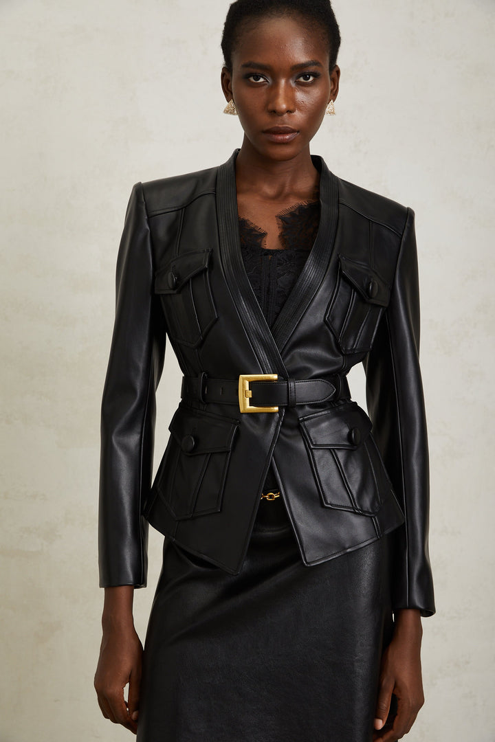Isabel Black Belted Faux Leather Jacket