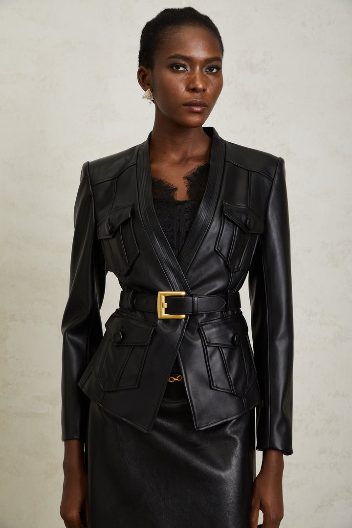 Isabel Black Belted Faux Leather Jacket