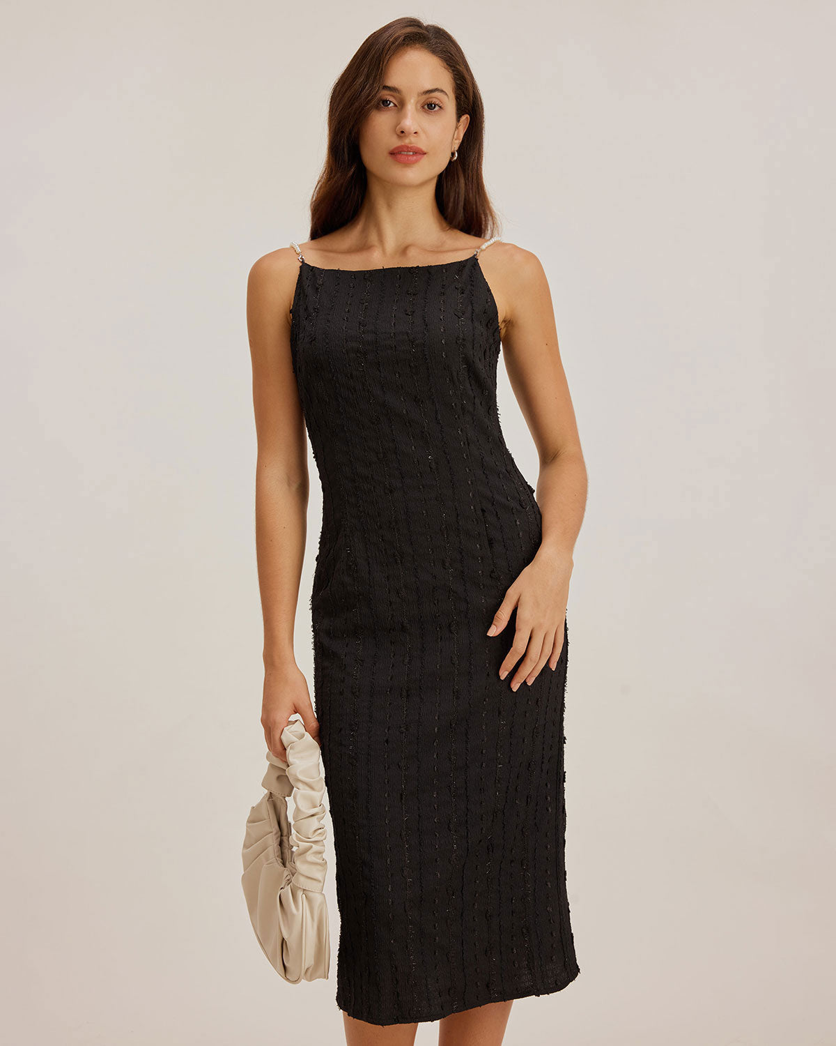 Black Textured Bodycon Beaded Strap Midi Dress