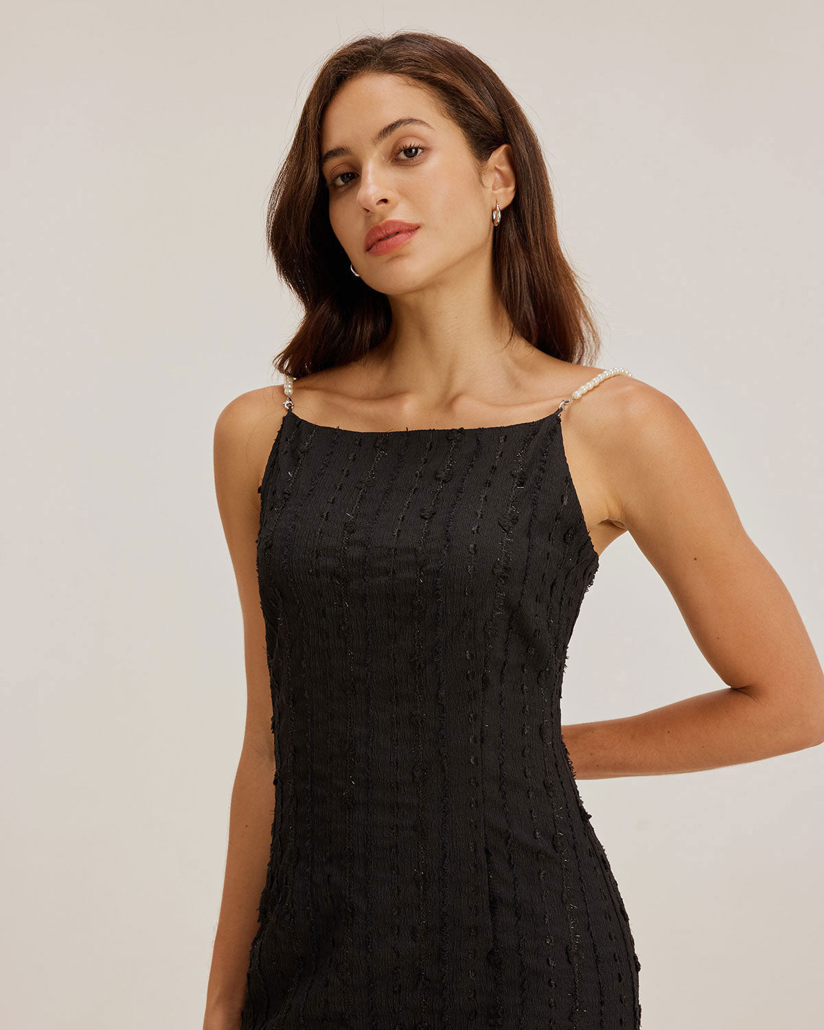 Black Textured Bodycon Beaded Strap Midi Dress