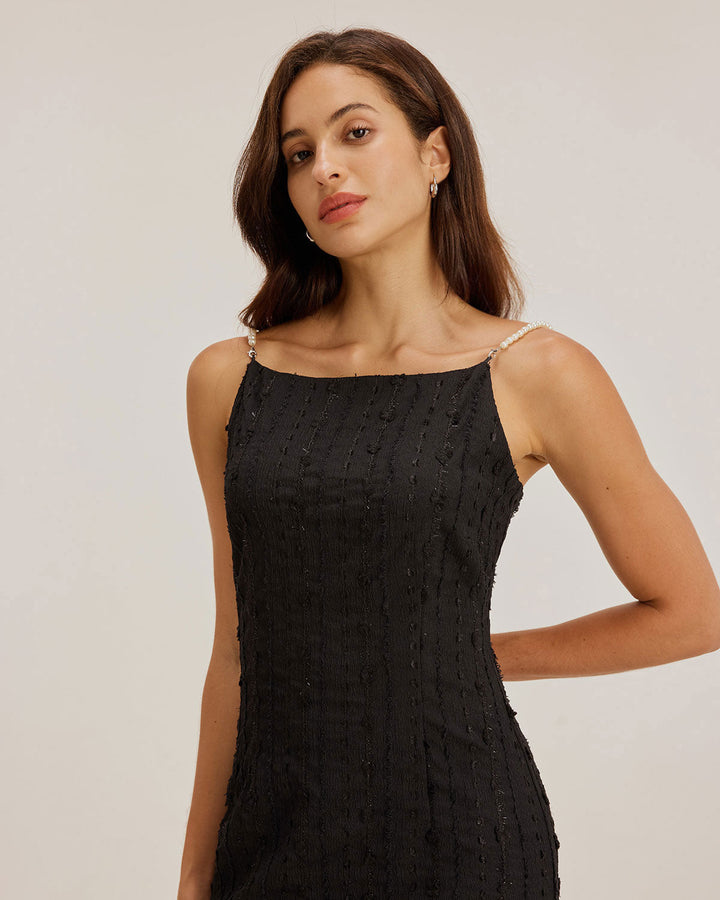 Black Textured Bodycon Beaded Strap Midi Dress