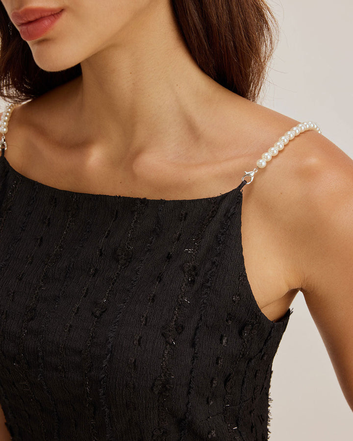 Black Textured Bodycon Beaded Strap Midi Dress