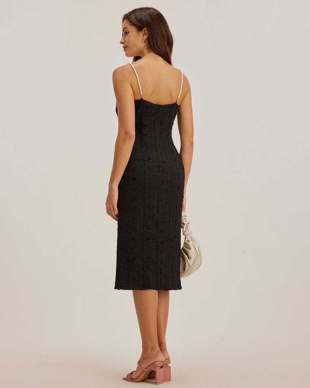 Black Textured Bodycon Beaded Strap Midi Dress