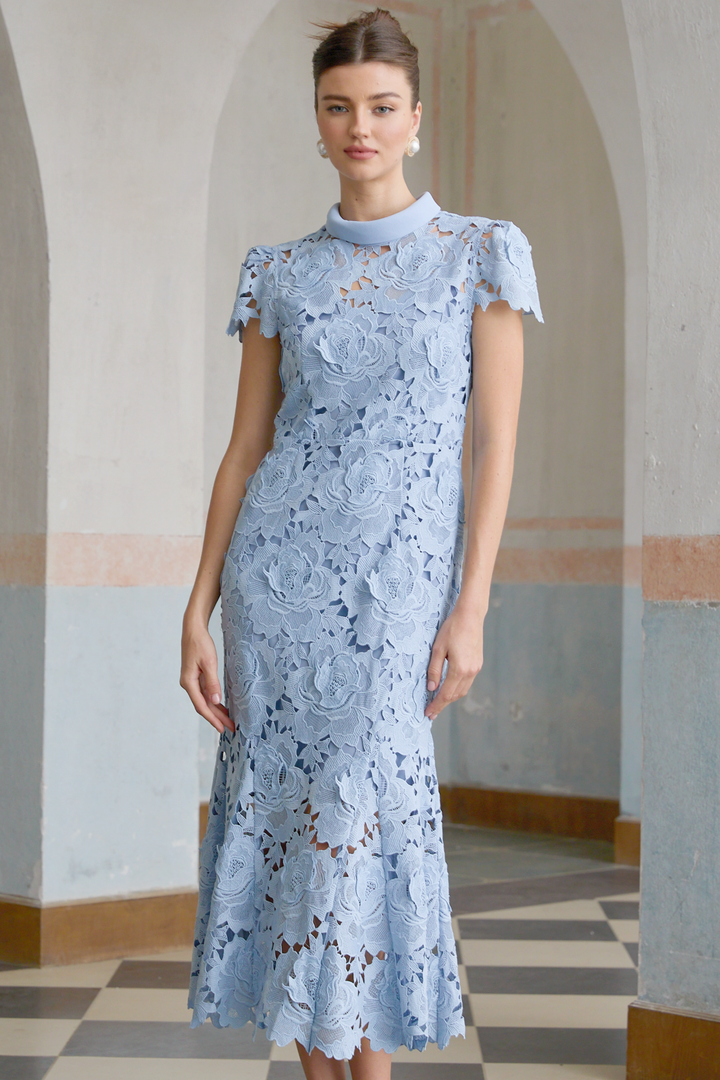 Avellia Aurore Blue Blossom Lace Midi Dress