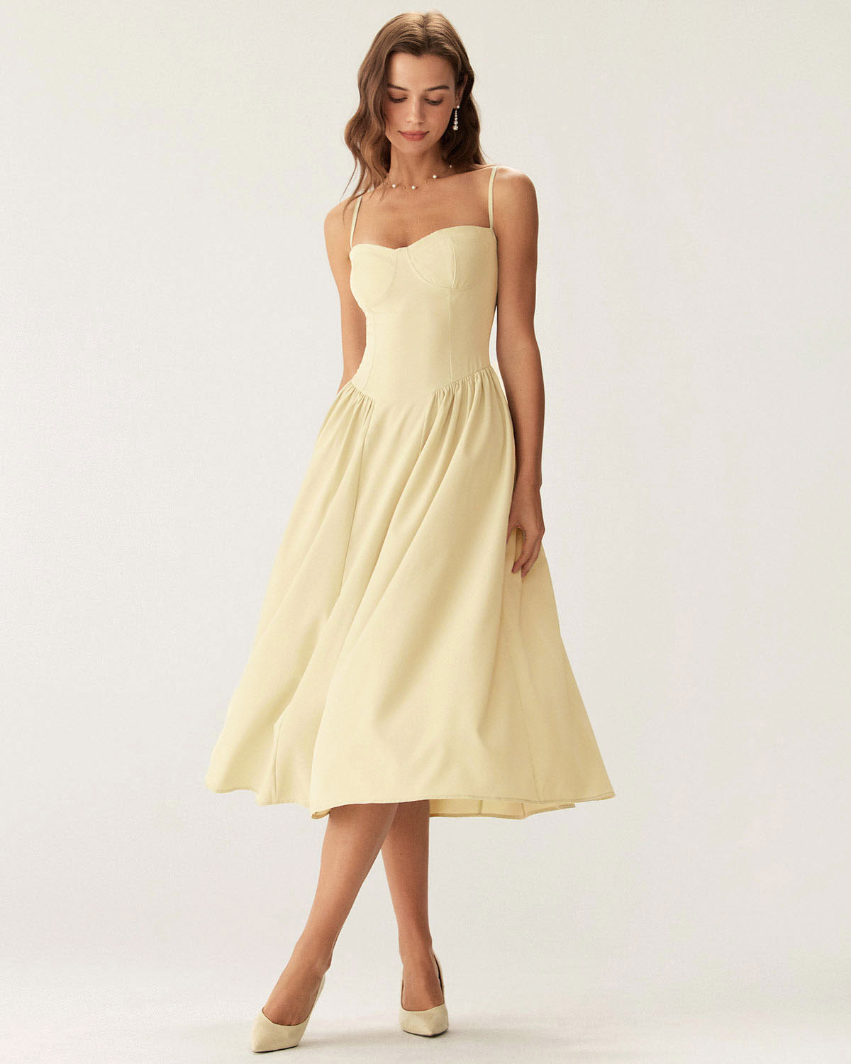 Yellow Square Neck Pocket Slip Midi Dress