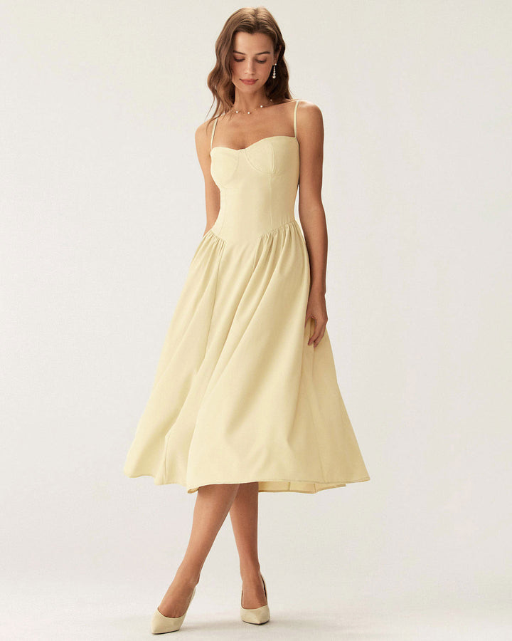 Yellow Square Neck Pocket Slip Midi Dress