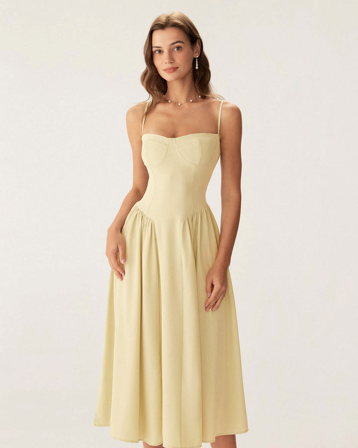 Yellow Square Neck Pocket Slip Midi Dress