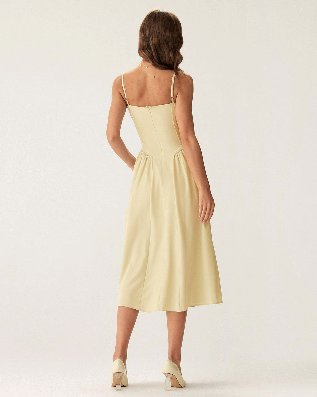 Yellow Square Neck Pocket Slip Midi Dress