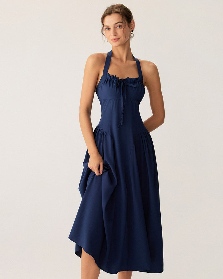 Navy Ruched Halter Midi Dress