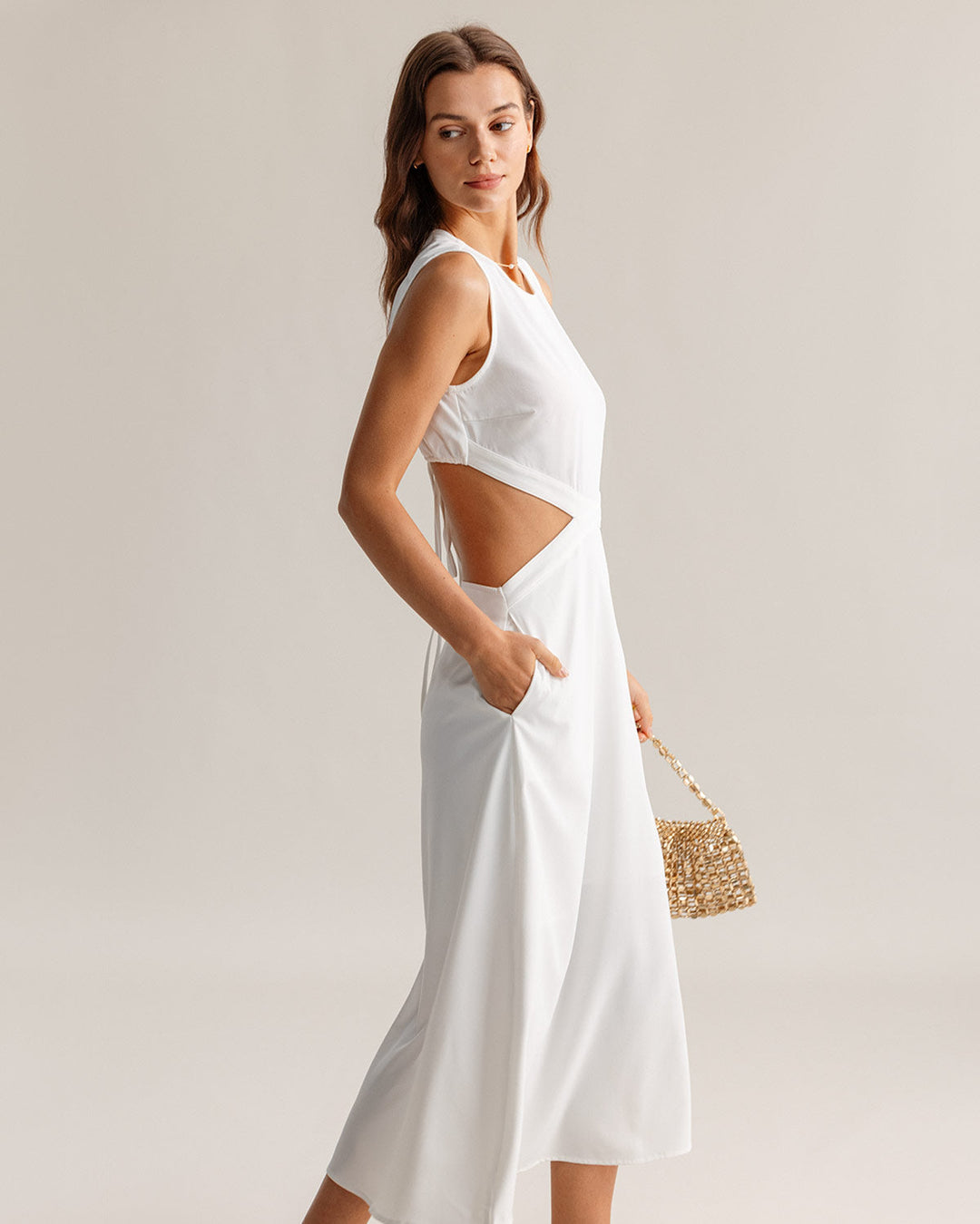 White Cutout Sleeveless Midi Dress