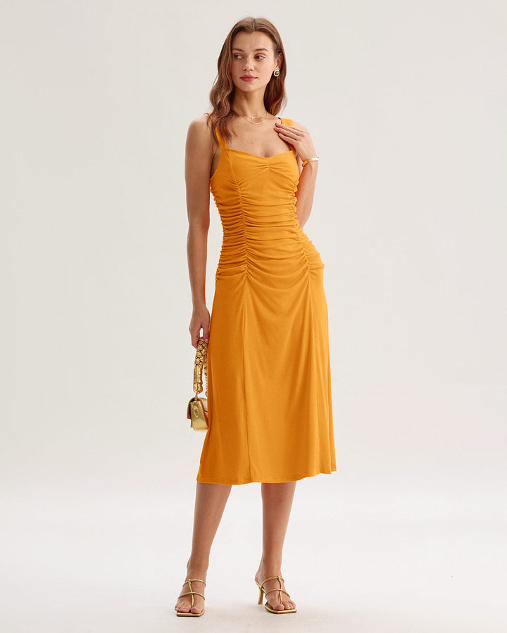 Orange Ruched Knitted Slip Midi Dress