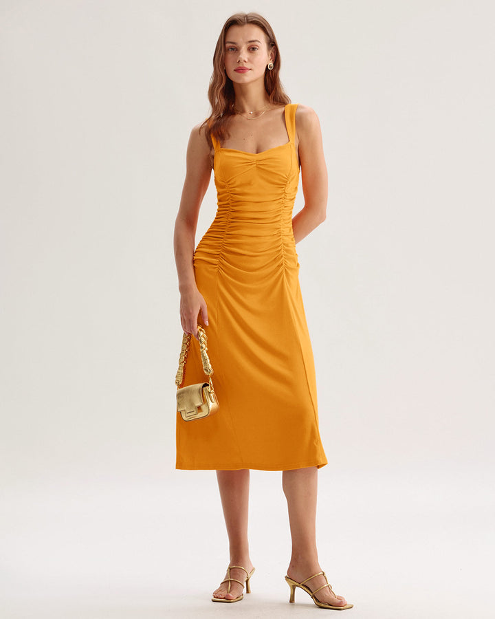 Orange Ruched Knitted Slip Midi Dress