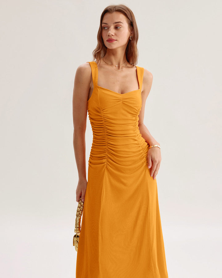 Orange Ruched Knitted Slip Midi Dress