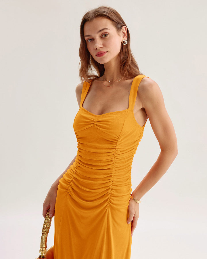 Orange Ruched Knitted Slip Midi Dress