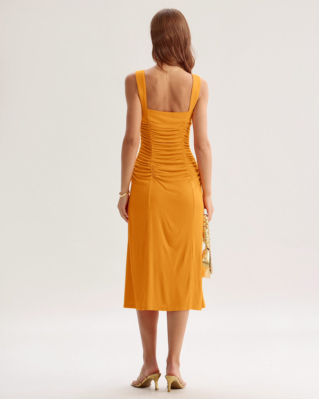 Orange Ruched Knitted Slip Midi Dress
