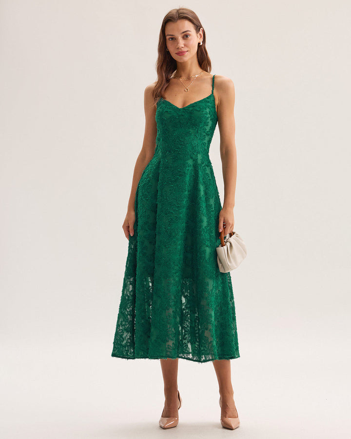 Green Floral Shirred Slip Midi Dress
