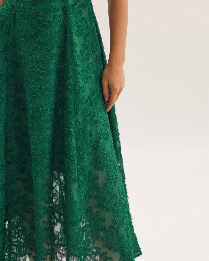 Green Floral Shirred Slip Midi Dress