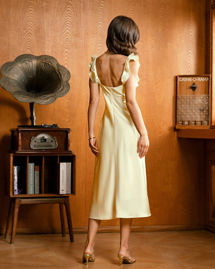 Yellow Square Neck Ruffle Satin Midi Dress