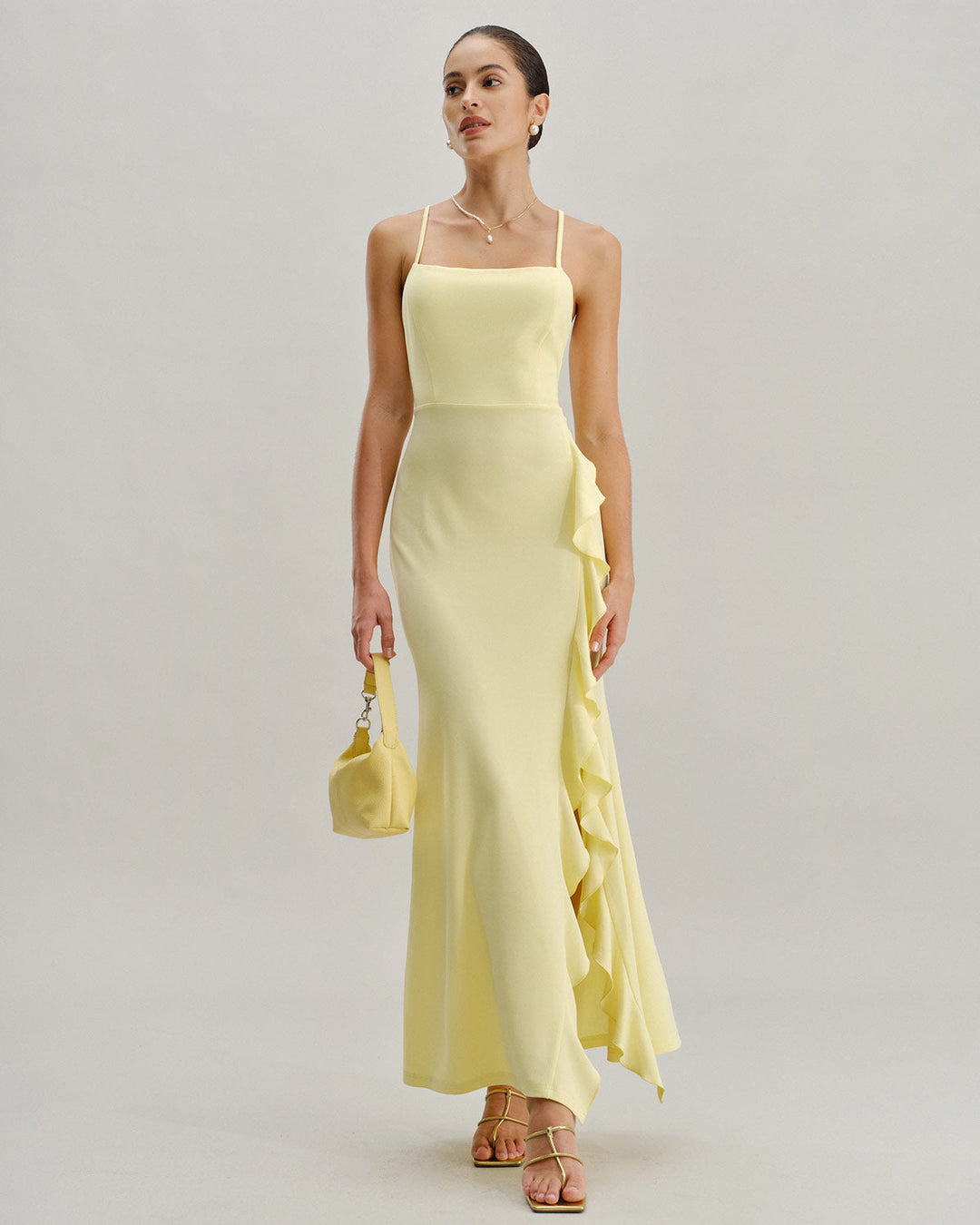 Yellow Ruffle Backless Slit Slip Maxi Dress