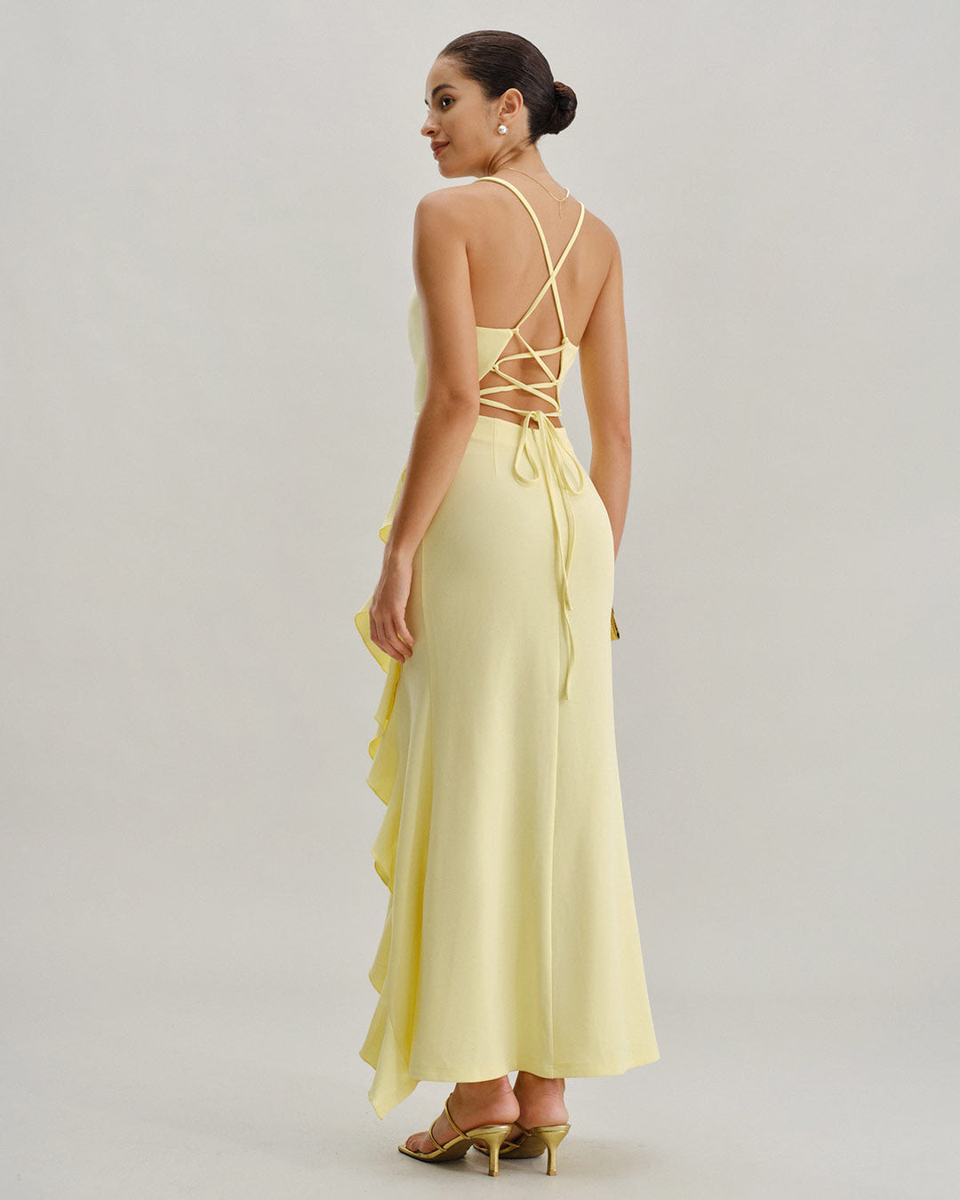 Yellow Ruffle Backless Slit Slip Maxi Dress