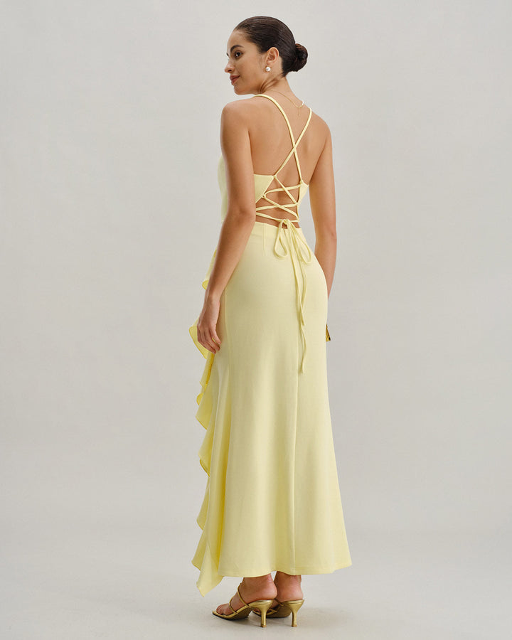 Yellow Ruffle Backless Slit Slip Maxi Dress