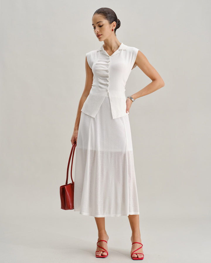 White Ruched Single Breasted Cardigan