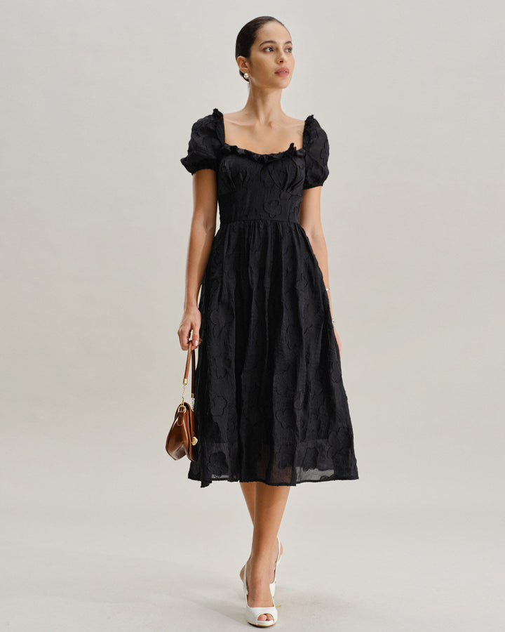 Black Square Neck Puffed Sleeve Midi Dress