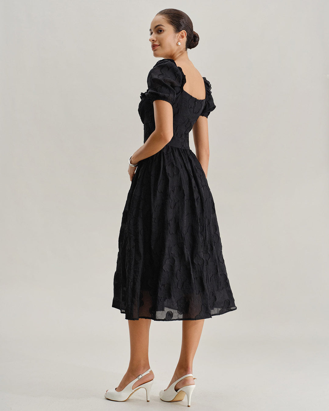 Black Square Neck Puffed Sleeve Midi Dress