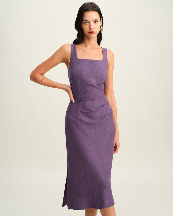 Purple Square Neck Slip Midi Dress