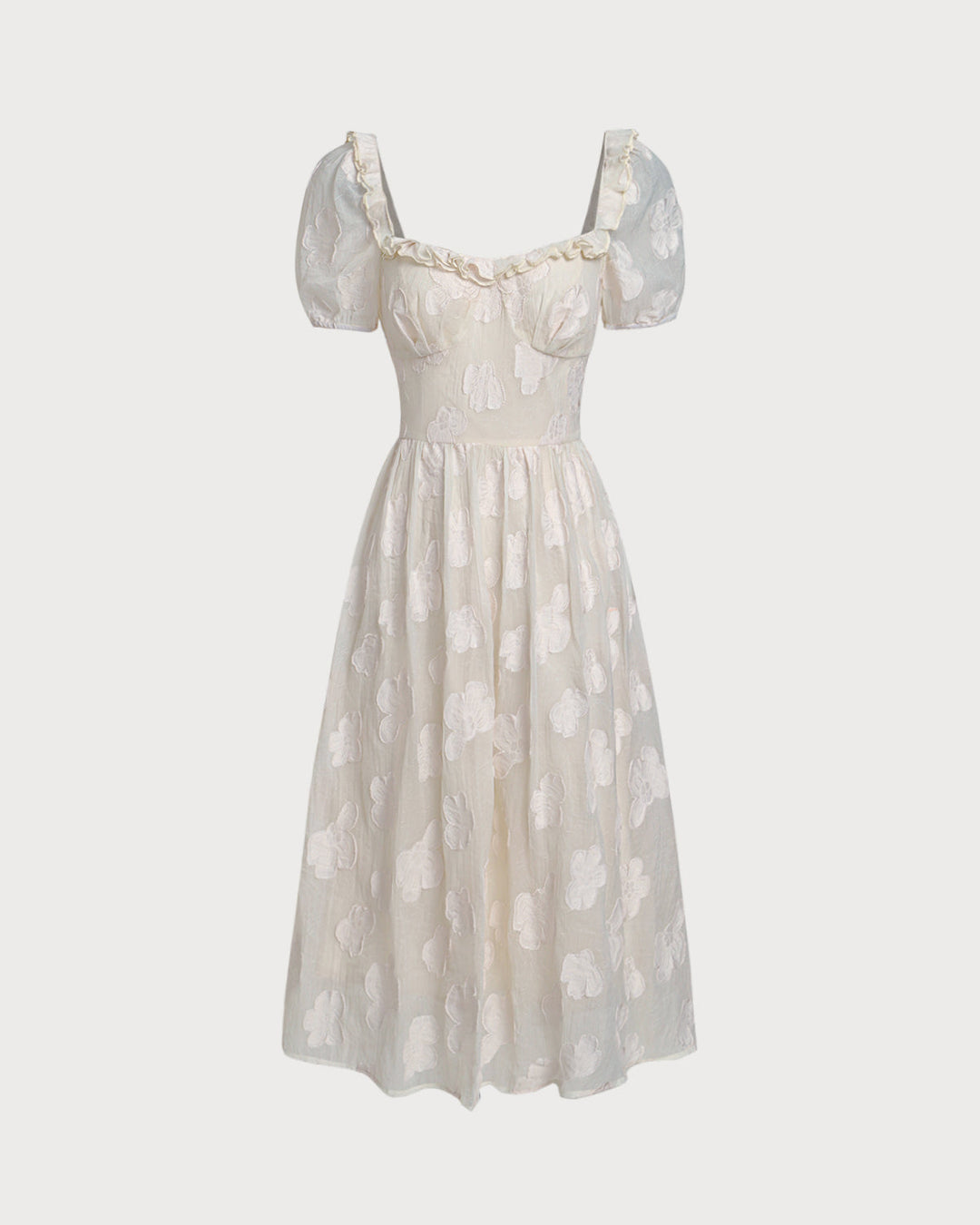 Beige Square Neck Puffed Sleeve Midi Dress