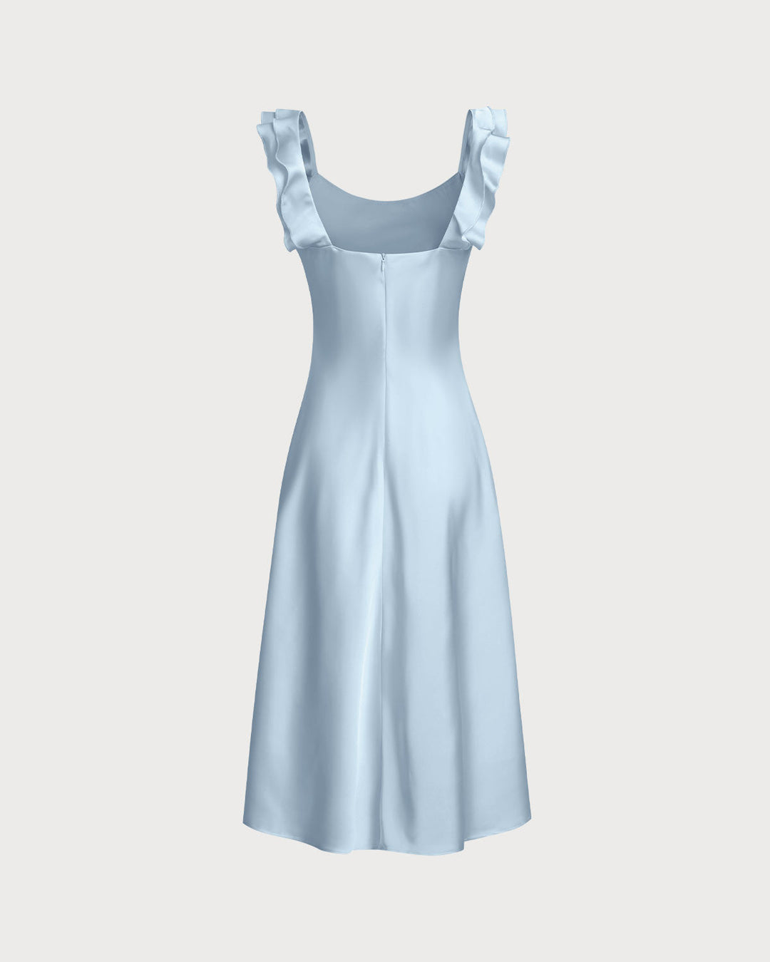 Blue Square Neck Ruffle Satin Midi Dress