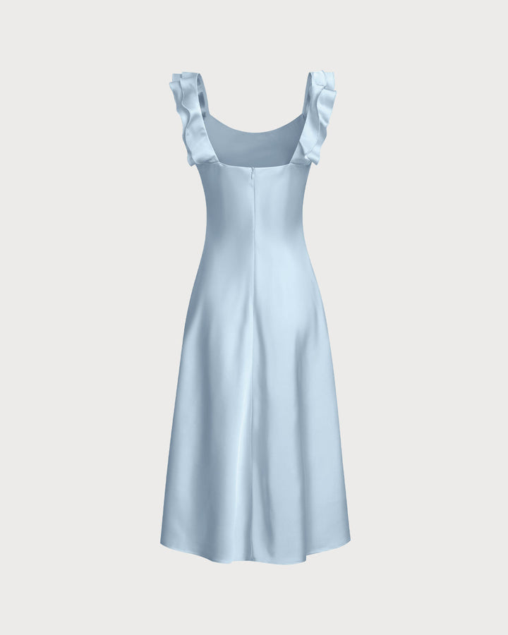 Blue Square Neck Ruffle Satin Midi Dress