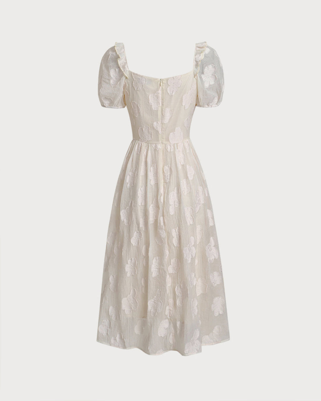 Beige Square Neck Puffed Sleeve Midi Dress