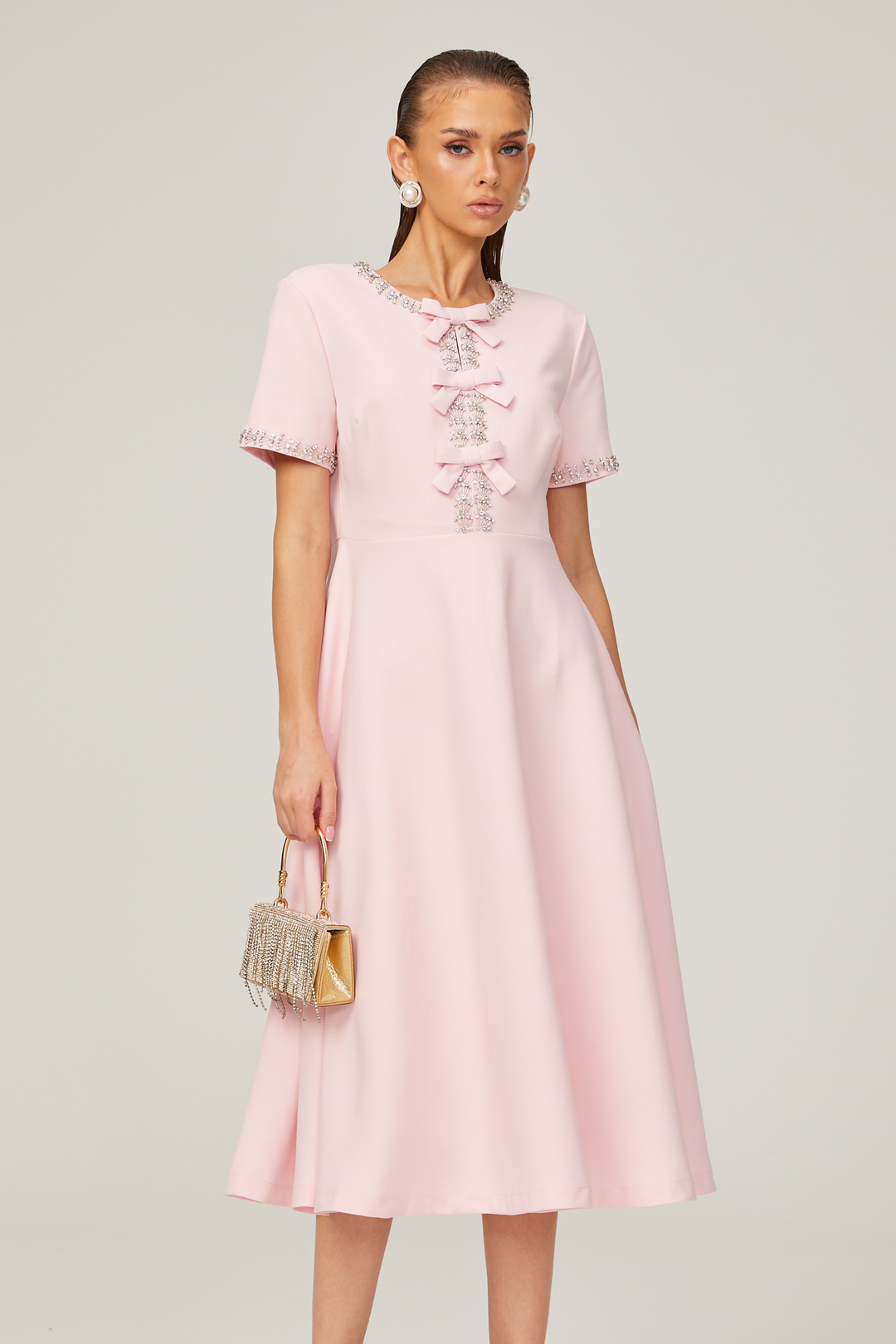 Avellia Cassiopeia Blush Crystal Bow Midi Dress