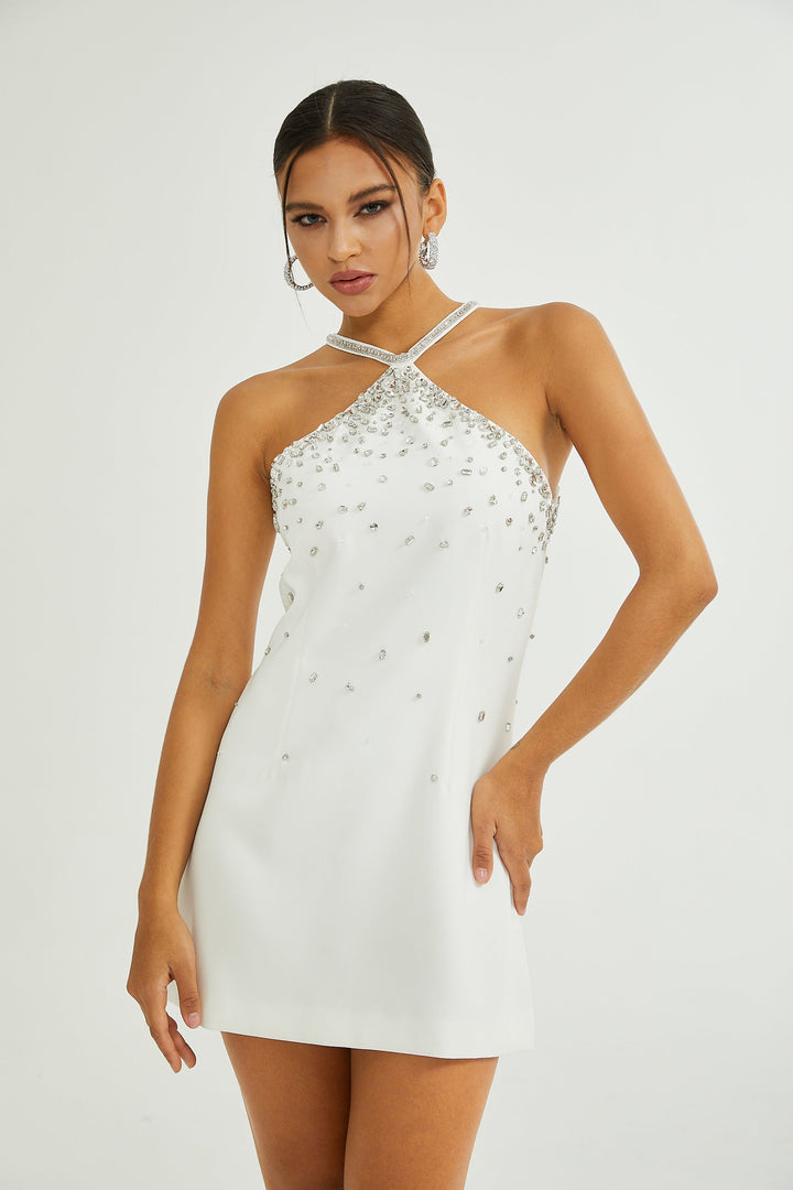 Avellia Liora White Embellished Mini Dress