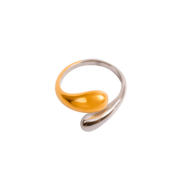 Adjustable teardrop ring with a mix of gold and silver plating.